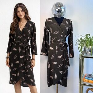 Veronica M. Feather Print Wrap Dress, Size XS, Olive Green, boho flared sleeves